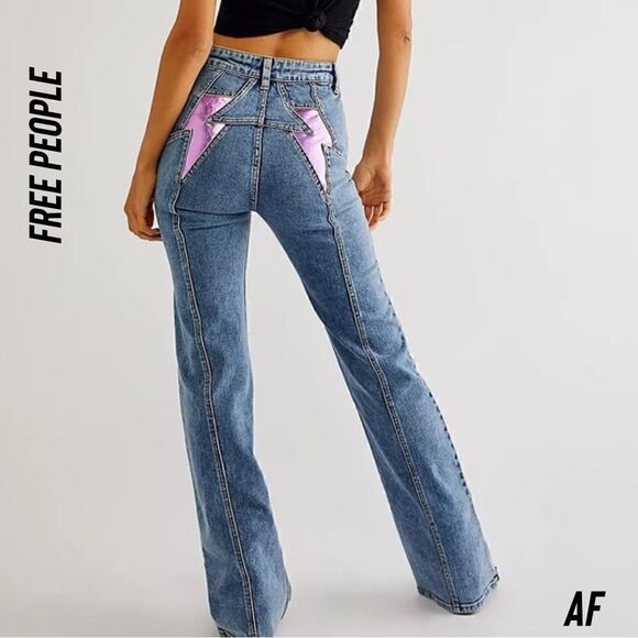 FREE PEOPLE THUNDERBIRD FLARE JEANS IN PURPLE NEW NWT - Picture 5 of 11